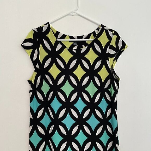 MADISON LEIGH Black White Green Geometric Print Short Cap Sleeve Sheath Dress 12 - Picture 3 of 14